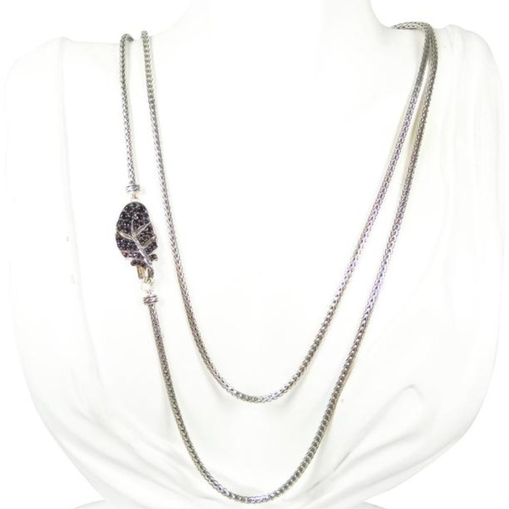 JOHN HARDY $1200 Sterling Silver Black Sapphire Leaf Pendant 45" Long Necklace